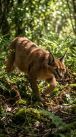 Wild caracal cat stalking through dense forest undergrowth with dappled sunlight filtering through green canopy creating natural hunting scene.