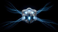 Futuristic metallic cube with glowing blue energy streams radiating outward against dark background. Isolated on black for tech, sci-fi, and digital design projects.