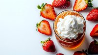 Fresh strawberry dessert layered with whipped cream and crumbled cookies in glass jar, surrounded by sliced ripe berries on white background.