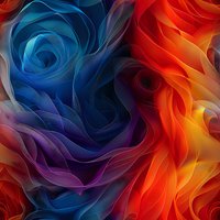 Abstract swirling pattern featuring vibrant contrasting colors of blue and orange with flowing curves and layered translucent shapes creating dynamic movement.