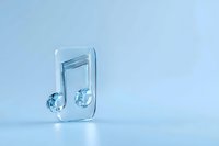 Transparent glass musical note symbol on light blue background, representing sound, melody, and artistic expression in modern minimalist style.