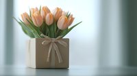 Fresh peach tulips arranged in cream-colored square vase with delicate bow ribbon, soft bokeh background creates romantic spring atmosphere for home decor and celebrations.