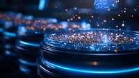 Glowing blue petri dishes with luminescent particles create scientific atmosphere in dark laboratory, microscopic research concept in biotechnology setting.