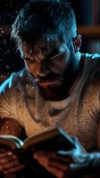 Bearded man reading book in dramatic lighting with floating dust particles and blue atmospheric effect, creating mysterious and magical ambiance.