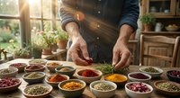 Chef hands selecting aromatic spices from colorful collection in rustic kitchen for culinary preparation and cooking.