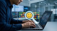 Professional man working on laptop with colorful emoji feedback interface displaying customer satisfaction ratings in modern office environment.