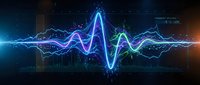 Digital sound wave visualization with electric blue and green energy pulses on dark technological background for audio production and music software.