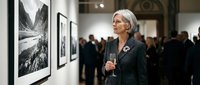 Elegant senior woman with gray hair enjoying wine at contemporary art gallery opening with black and white landscape photographs on walls.