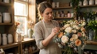 Florist woman arranging fresh white and peach roses with baby's breath in vase at flower shop studio with natural window light and shelves.