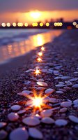 Magical sunset beach scene with light sparkles reflecting on pebbles along shoreline, glowing bokeh lights on horizon, purple and orange sky, calm ocean waves.