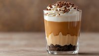 Layered coffee dessert with chocolate crumbs, caramel sauce, whipped cream and crushed nuts in glass on beige background. Perfect for cafe menu design.