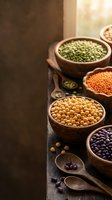 Assorted legumes and pulses in wooden bowls on rustic table for healthy cooking and plant-based nutrition recipes.