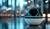 Futuristic spherical smart speaker with glowing blue light on reflective surface against blurred city background. Modern home automation device.