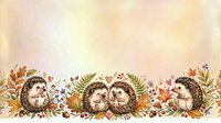 Cute hedgehogs surrounded by autumn leaves, flowers and foliage in watercolor style, isolated on white background for greeting cards and children's designs.
