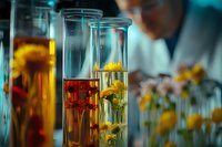 Laboratory test tubes with yellow flowers in liquid solution, scientific research experiment with natural plant specimens in glass containers.