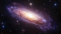 Spiral galaxy in deep space showing bright center core with purple and golden hues, surrounded by countless stars against dark cosmic background.