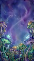 Glowing mushrooms with luminescent stems and caps arranged on sides of mystical purple and blue swirling background, creating magical forest atmosphere for fantasy and spiritual design projects.