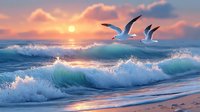 Seagulls flying over crashing ocean waves at sunset, with vibrant pink and orange sky reflecting on turquoise water.