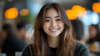 Young Asian woman with radiant smile and wavy brown hair wearing casual sweater against blurred cafe background, expressing genuine joy and confidence.