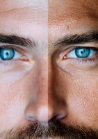 Close-up comparison of light and tanned skin tones showing bright blue eyes and facial features, highlighting diversity and genetic variations in human appearance.