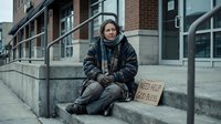 Caucasian homeless woman sitting on urban steps holding a cardboard sign asking for help, depicting poverty and social issues.
