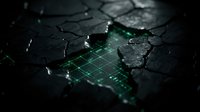 Digital map of India with glowing green grid network and connected nodes on dark cracked surface, representing technology infrastructure, data connectivity, and digital transformation across the nation.