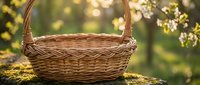 Empty wicker basket on moss-covered surface with warm sunlight filtering through green foliage creating peaceful natural outdoor setting.