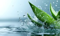 Fresh aloe vera leaves with water drops and splashes on blue background, macro photography showing natural moisturizing skincare concept.