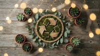 Eco-friendly recycling symbol made from natural leaves surrounded by small potted succulents and warm string lights on rustic wooden background.