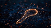 Glowing digital key silhouette on dark background with orange light particles and blue technology pattern, representing cyber security and data access.