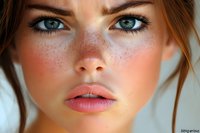 Young Caucasian woman with freckles and blue eyes looking at camera with natural makeup and coral lips in close-up portrait for beauty and skincare concepts.