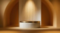 Elegant white and gold fluted podium on warm beige background with arched alcove, luxury product display stage for cosmetics or jewelry.