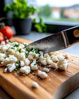 Fresh feta cheese cubes chopped with herbs on wooden cutting board, chef knife in motion, selective focus with blurred background and tomatoes.