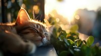 Peaceful sleeping cat with backlit fur at sunset, nestled among green leaves with soft bokeh background and golden sunlight creating dreamy atmosphere.