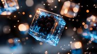 Glowing blue ice cube floating in dark space with bokeh lights and sparkles, creating magical atmosphere for beverage and cocktail photography.