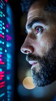 Side profile of bearded man analyzing financial data on digital screen with neon blue and red market indicators reflecting in his focused gaze.
