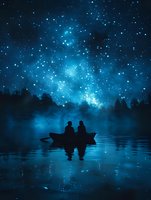 Romantic couple silhouetted in rowboat under spectacular starry night sky, reflecting in calm lake waters. Perfect for valentine cards, dating apps, or relationship concepts.