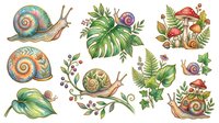 Colorful hand-drawn snails, mushrooms, and botanical elements isolated on white background. Perfect for clipart, textile design, children's illustrations, and creative projects.