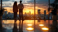 Silhouette of couple watching city sunset through panoramic window, illuminated by floor lights. Urban skyline with skyscrapers and palm trees create romantic atmosphere.