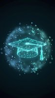 Glowing neon wireframe graduation cap with digital particles and light effects on dark background, representing online education, e-learning, and academic achievement for web and digital design.