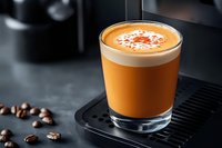 Orange-colored coffee drink with creamy foam top and latte art in glass, served on dark background with scattered coffee beans, modern coffee shop menu.
