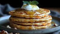 Stack of golden fluffy pancakes with syrup, whipped cream and mint garnish on rustic plate for breakfast menu and food photography.