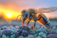 Macro photography of honey bee collecting pollen at sunset, detailed view showing wings, legs and body segments against vibrant orange sky background.