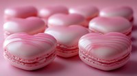 Heart shaped pink macarons with white stripes on pink background, romantic French pastry dessert for Valentine's Day celebration or wedding sweets.