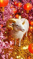 White goat with golden horns surrounded by pink cherry blossoms, red lanterns, and gold coins for festive celebrations and lunar new year decorations.
