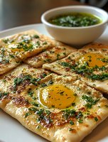 Freshly baked flatbread topped with sunny side up eggs, chopped herbs and spices served with green herb sauce in ceramic bowl on white plate. Close up food photography.