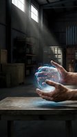 Male hands holding glowing digital globe with network connections in industrial warehouse setting with dramatic sunlight streaming through windows.