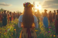 Young woman in flower crown and traditional dress standing in wildflower meadow at sunset, with festival crowd in background creating magical summer solstice atmosphere.