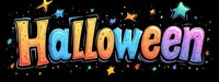 Colorful Halloween text lettering with bright stars on black background, festive cartoon style typography for holiday greeting cards and decorations.