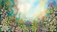 Watercolor botanical garden with golden and pink flowering plants framing soft, dreamy sky in muted tones, suitable for backgrounds and decorative design projects.